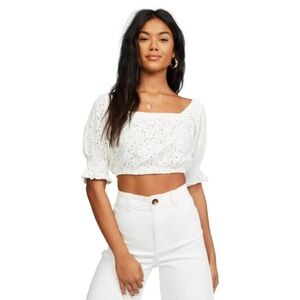 Billabong White Eyelet Crop Top Smocked Off-Shoulder Size Large